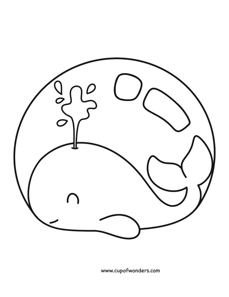 Cute bold and easy whale free Coloring page pdf under water scene. The coloring page drawing style is inspired by Coco Wyo.