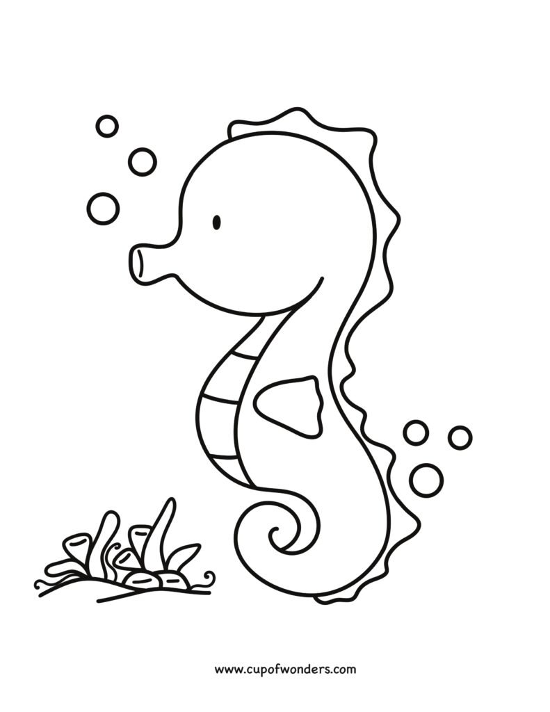 Free cute Coloring pages of ocean scenes. Download this seahorse Coloring picture for free and have fun Coloring it.